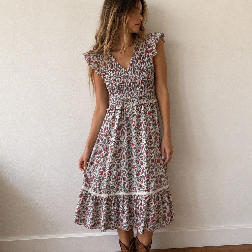 Anna Cate White Floral Midi Dress XS Smocked Ruffle Small Cottage Boho Prairie